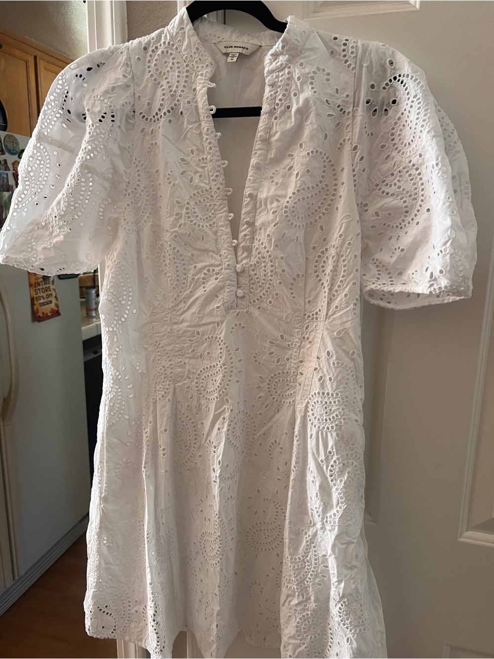 Club Monaco White Eyelet Puff-Sleeve Midi Dress